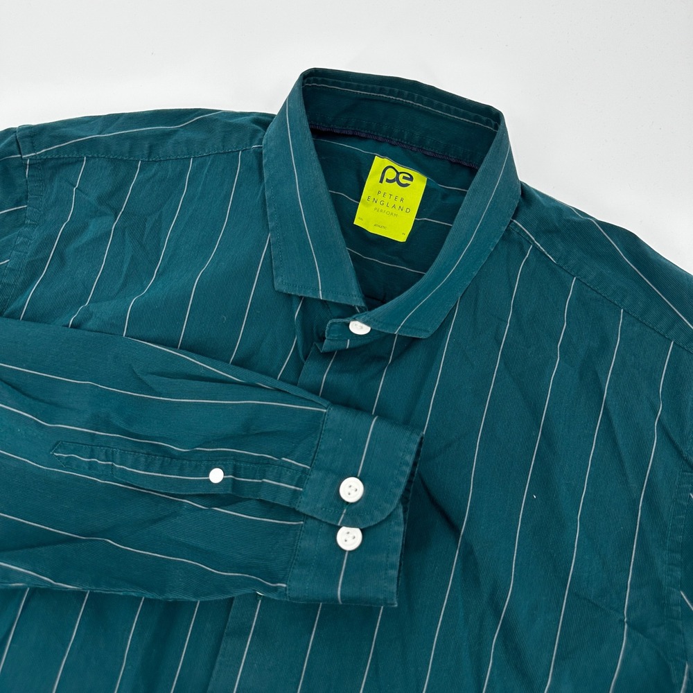 Peter England Perform Mens XXL Athletic Super Slim Teal Green‎ Pinstripe Shirt